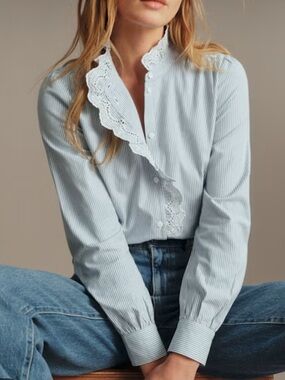 Sezane Chlo Shirt in Ecru and Blue Pinstripes with Embroidered Ruffle Front XXS